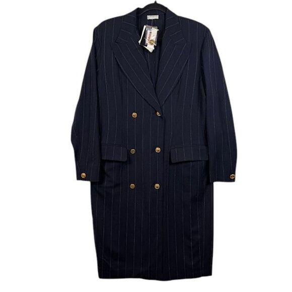 NWT Vintage Wool Rodier Blazer Dress Double Breasted Navy Pinstripe Size 12 (44) - Picture 1 of 13